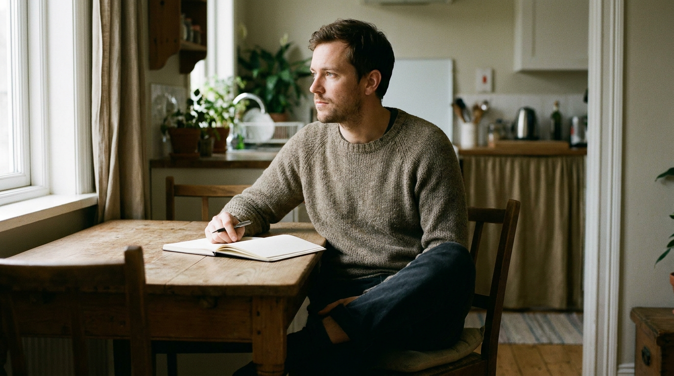 A thoughtful man sitting quietly at a wooden table in the morning light with a notebook and pen, practicing discipline.