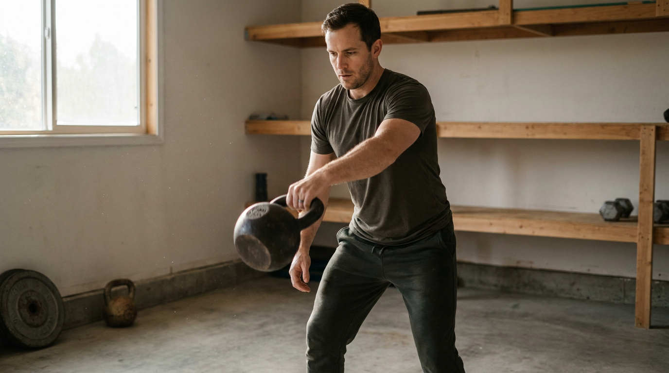 A focused man performing a kettlebell exercise in a minimalist garage gym bathed in natural morning light.