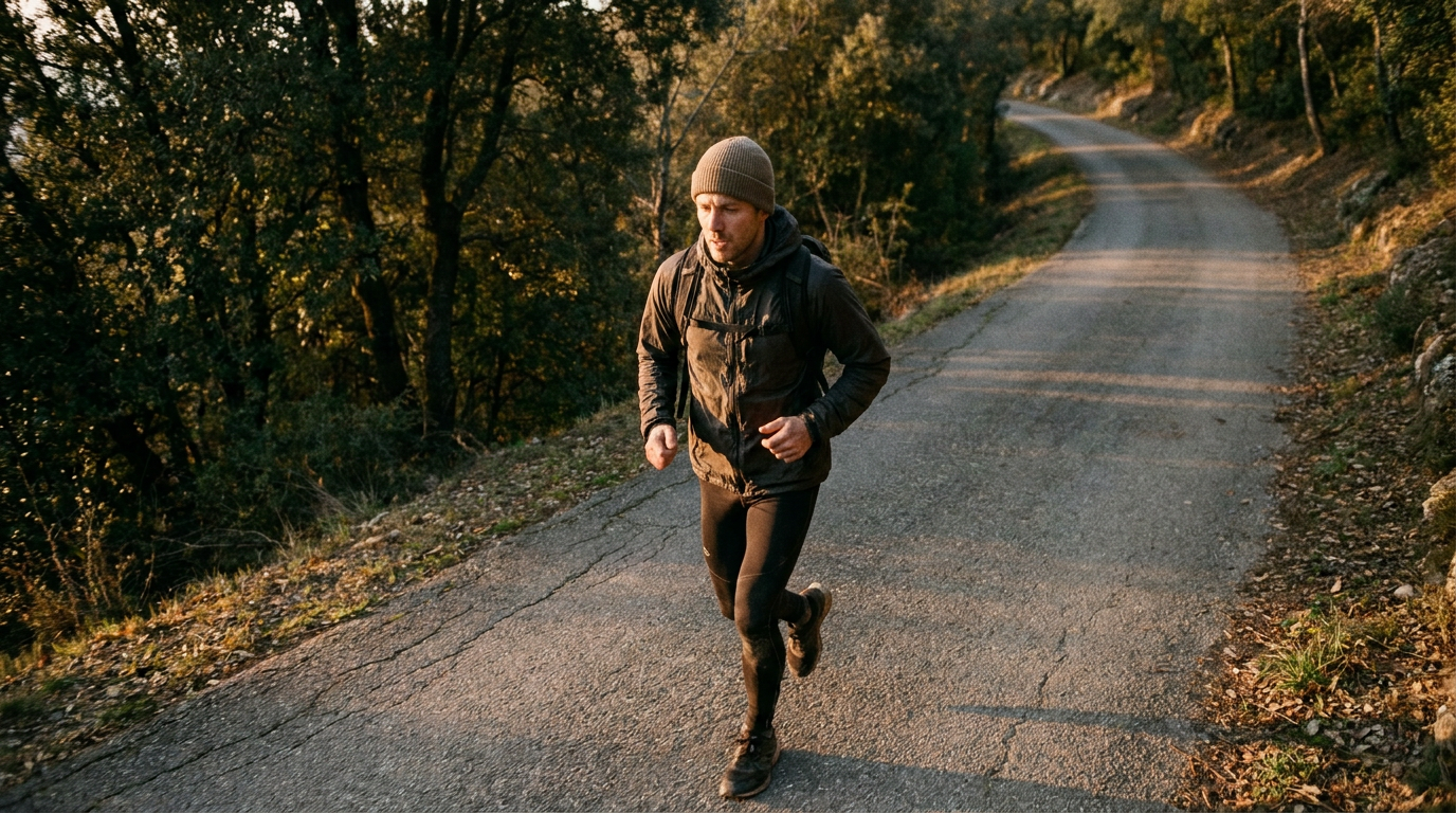 A disciplined man walking outdoors along a tree-lined path in natural morning sunlight to build cardiovascular health.