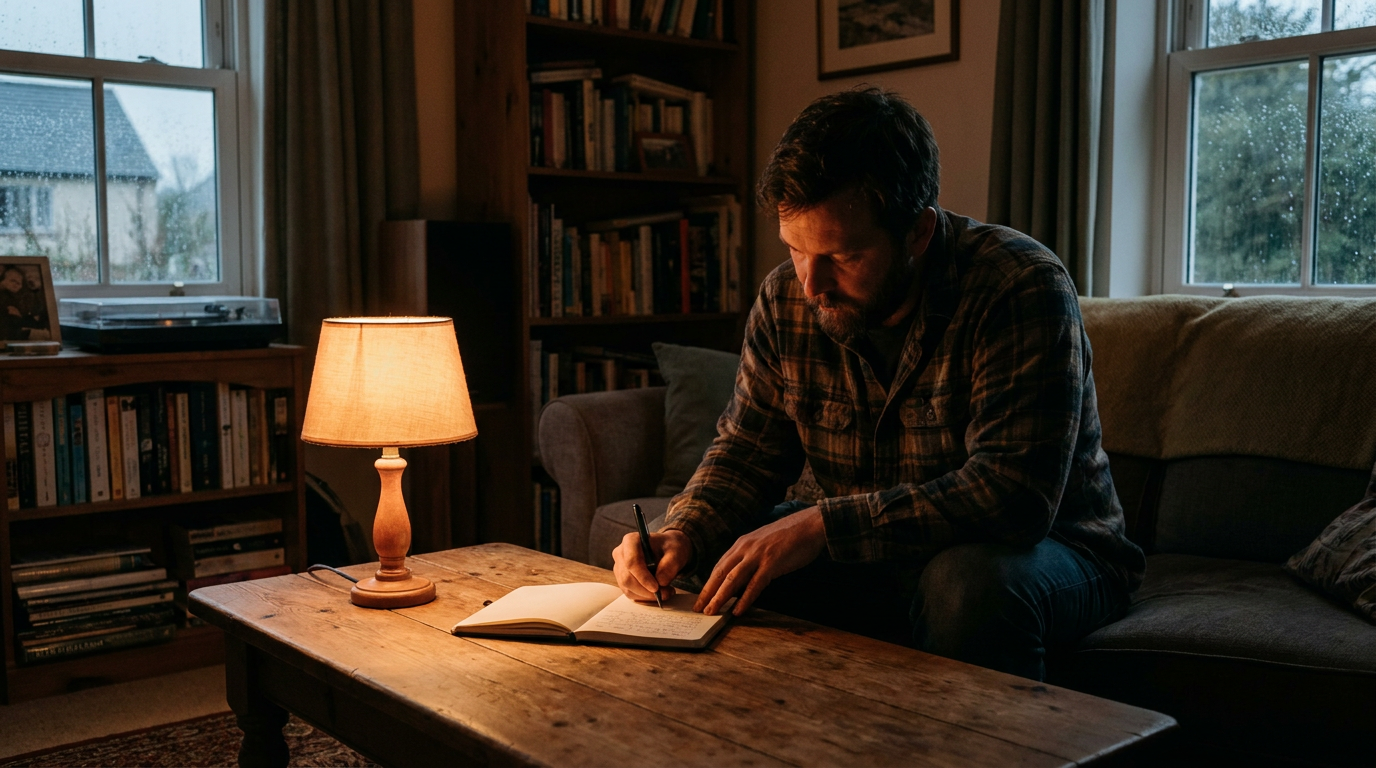 Man writing calmly in a notebook under soft warm evening lamp light at a wooden table.