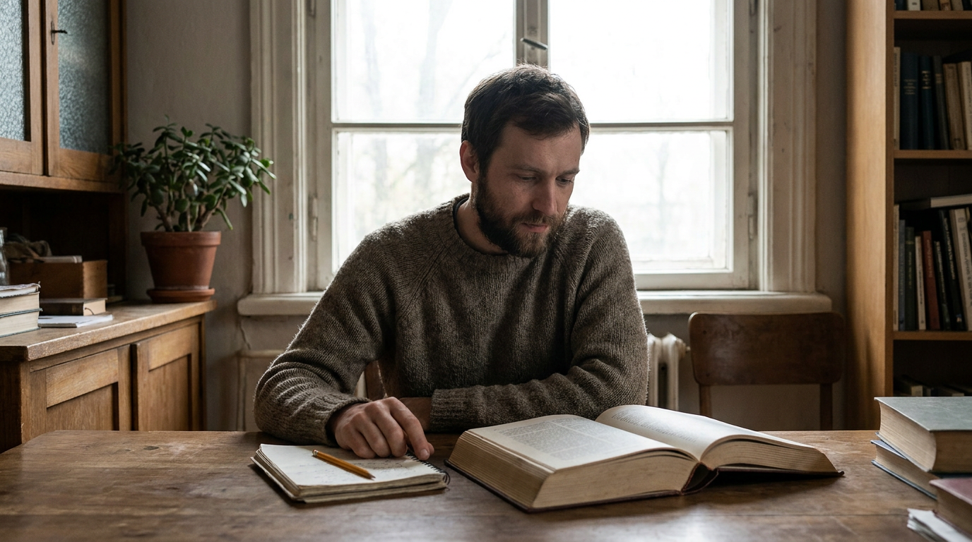 A focused man reading a classic book at a wooden desk in natural morning light, taking disciplined study notes.