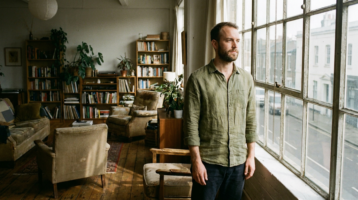 A disciplined man standing in quiet composure by a window in natural morning light, demonstrating grounded presence.