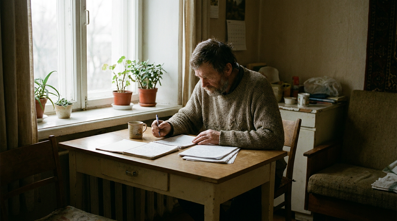 A man sitting quietly at a wooden desk in natural light, reviewing notes with focused discipline.