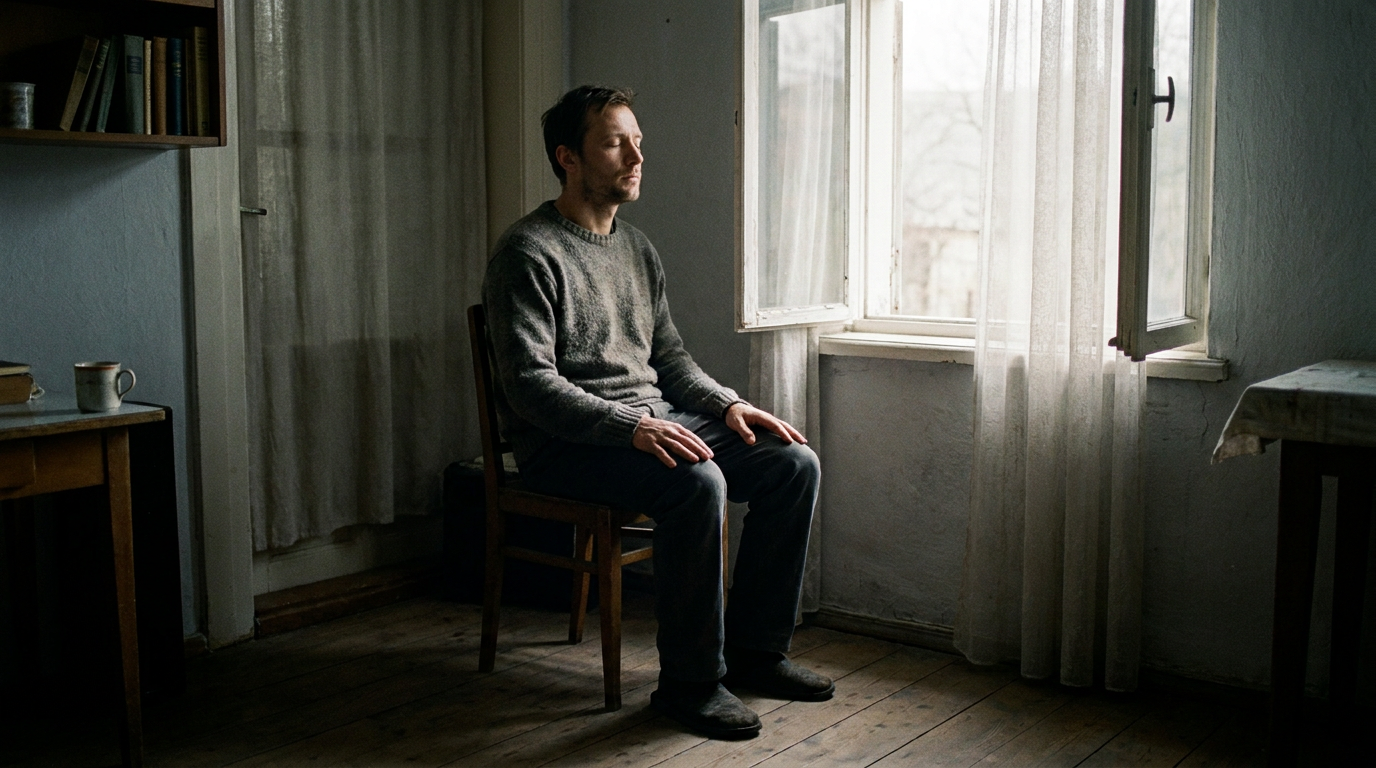 A man sitting in still, quiet reflection by a window in natural morning light, practicing acoustic rest.