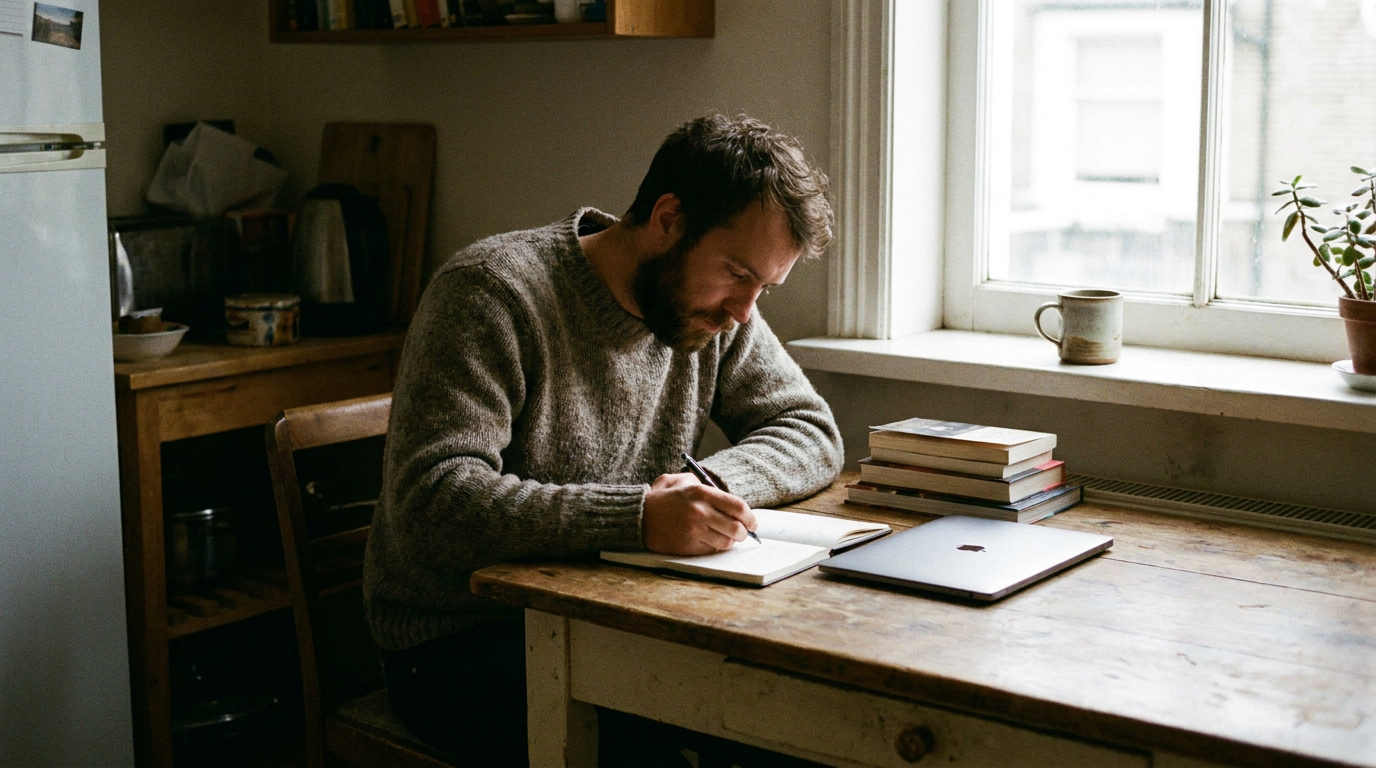 Man working attentively at a clean wooden desk with morning light coming from a window.