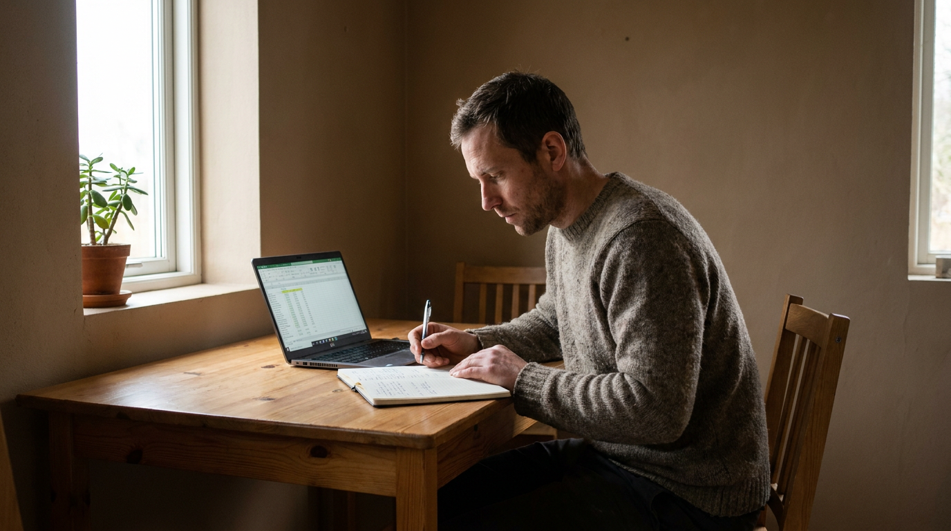 A focused man sitting at a clean wooden desk with a notebook and laptop reviewing financial numbers in natural light.