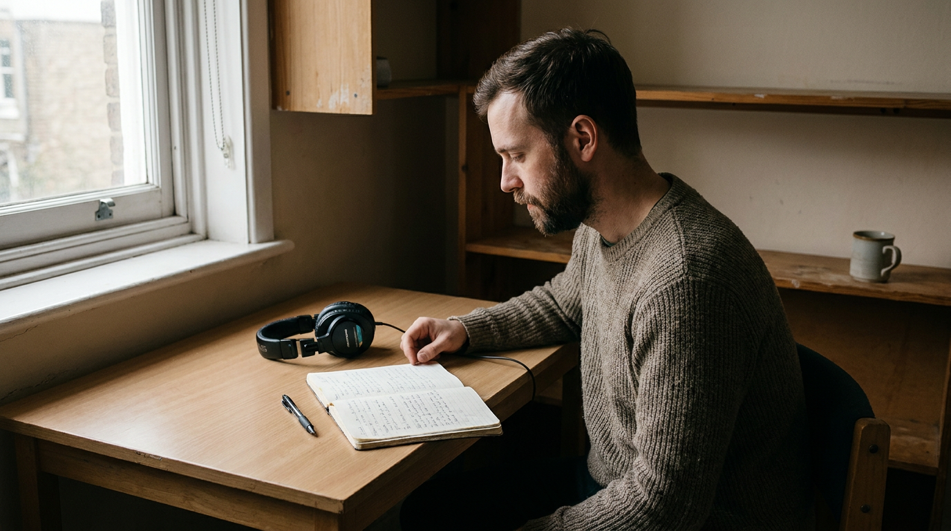 A focused man sitting at a clean wooden desk in morning light with an open notebook and studio headphones resting nearby.