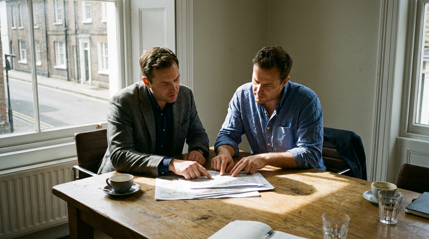 Two professionals in a disciplined meeting across an oak table, reviewing printed financial documents in natural light.