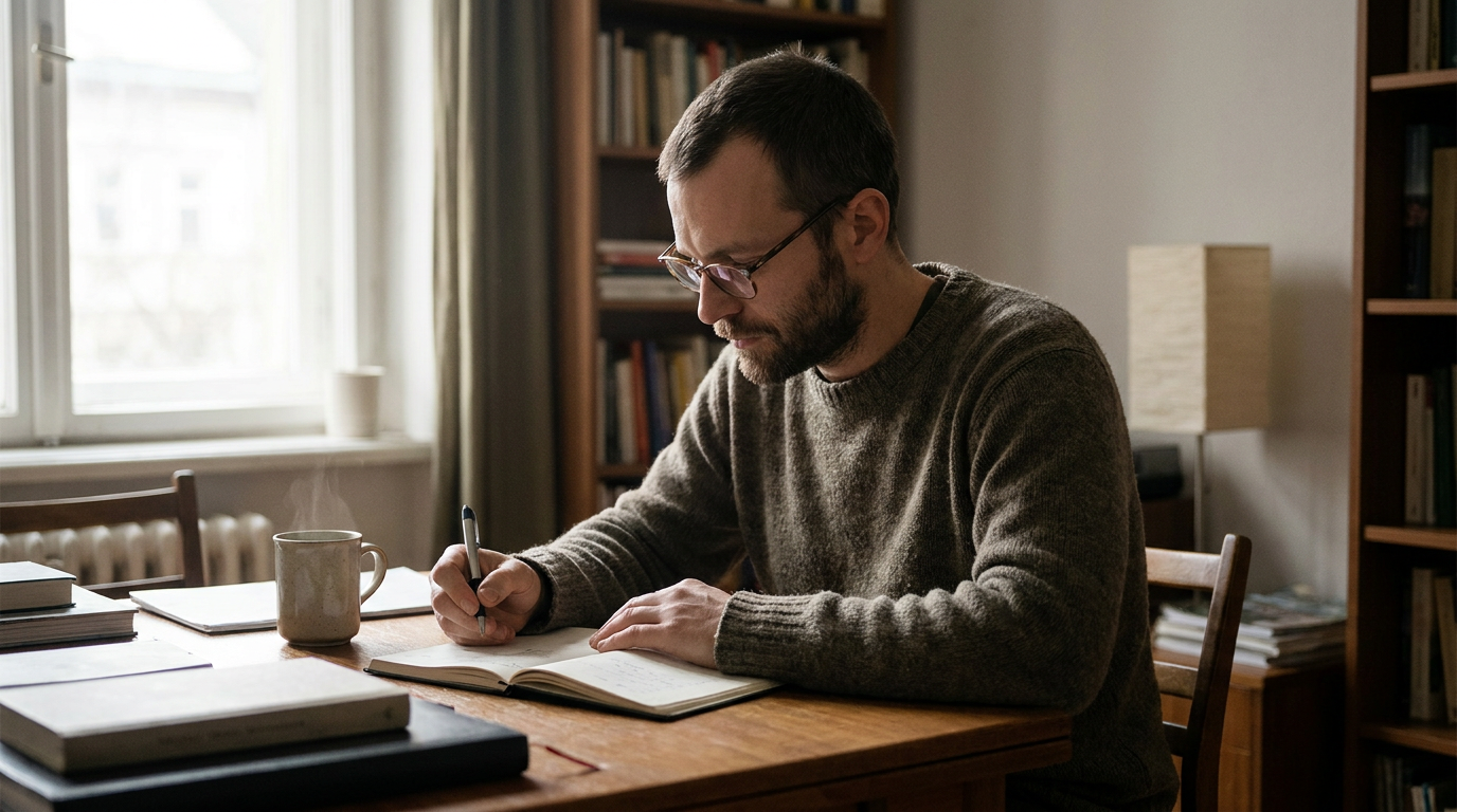 A man sitting at a wooden desk in natural light, writing in a journal with deep focus.