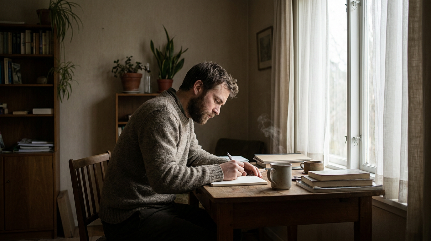 A disciplined man sitting at a wooden desk in natural morning light, writing in a journal during quiet reflection.