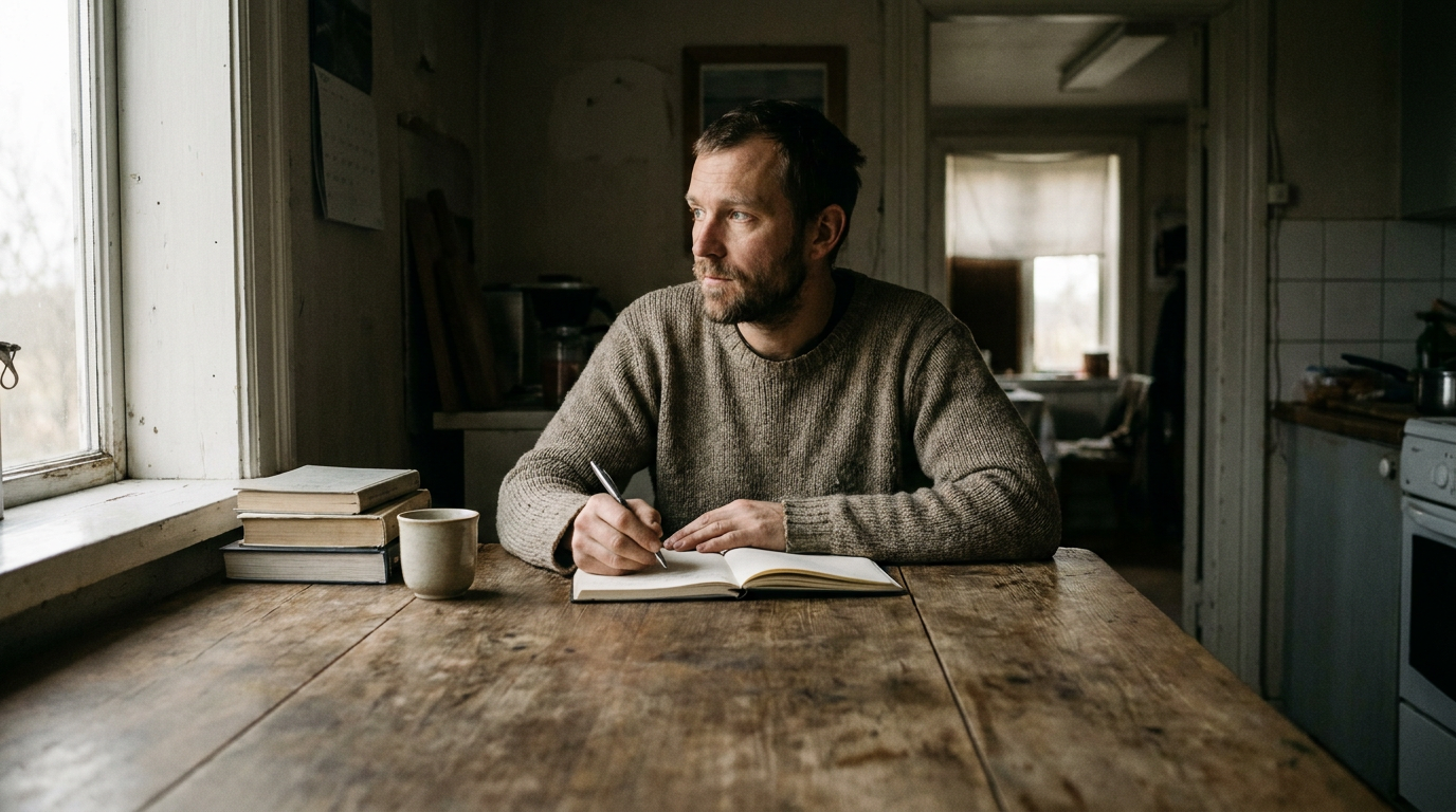 A disciplined man sitting quietly at a wooden desk with a notebook in natural morning light, reflecting on personal growth.