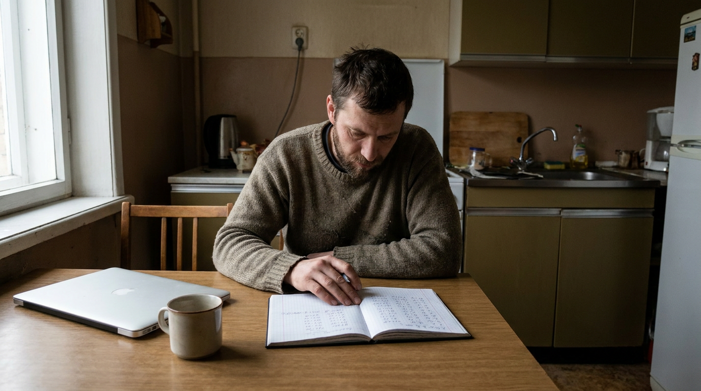 A man sitting at a wooden table in natural morning light reviewing financial figures in a notebook.